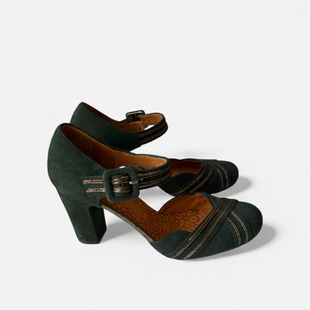 Chie Mihara Green Suede Metallic Trim Mary Jane Heels – Size 36 New - Picture 4 of 8